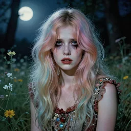 a beautiful but creepy young woman in layers of fear, with haunted eyes, violence in her eyes, pastel dyed hair, wearing a punk outfit, 1 9 7 0 s, seventies, delicate embellishments, a little blood, woodland, moonlight shining on wildflowers, painterly, offset printing technique, by alexandre cabanel