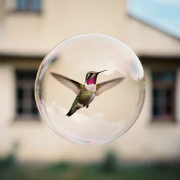 hummingbird inside a soap bubble, film photo, soft lighting album cover, nostalgia, gradient, derelict