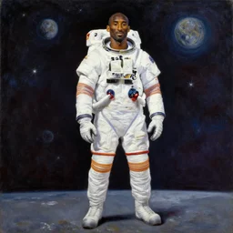 full body portrait of kobe bryant in space 1 9 6 9, in astronaut suit with lakers colors and logo, oil on canvas by william sidney mount, trending on artstation