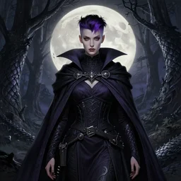 front full detailed portrait dark witch, adventurer outfit large cloak, fantasy forest landscape, big moon, dragon scales, fantasy magic, undercut hairstyle, short purple black fade hair, dark light night, intricate, elegant, sharp focus, illustration, highly detailed, digital painting, concept art, matte, art by wlop and artgerm and greg rutkowski and alphonse mucha, masterpiece