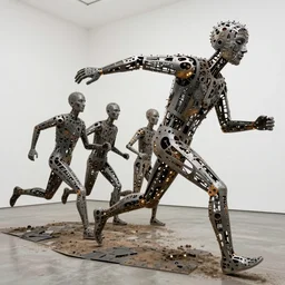 a contemporary art sculpture of 5 tall man running with long arm and a big head, in the style of cesar baldaccini, tinguely, arman, medium shot, busy, made of intricate metal pieces, abstract, intricate, dirty, leds, indoor, studio lighting, hyper realistic, highly detailed, 8 k