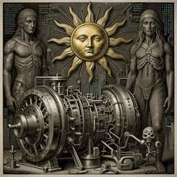 sun deity by jeffrey smith and wlop and gustave dore, featuring engine, circuitry, code, binary, cryptonomicon, dmt entity, ambient occlusion, 3 d concept render, scientifically accurate, artstation, intricate, beautiful, look at that detail!
