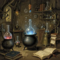 wizard's laboratory, full of strange and magical equipment, bubbling cauldrons and books of ancient spells, illustration by Patrick Woodroffe