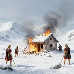 5 roman soldiers burning down a small house in a snow filled valley, baroque style, sharp, beautiful composition and lighting