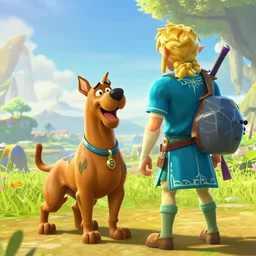 in game footage of scooby doo from the legend of zelda breath of the wild, breath of the wild art style.