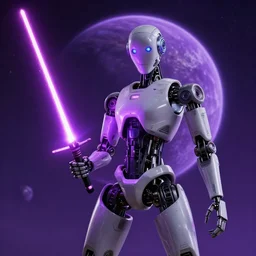 humanoid robot wielding lightsaber, violet planet in the sky, unreal engine, featured on cgsociety, trending on artstation, detailed, scifi futuristic character concept, greg rutkowski, movie still, octane render, hyperrealistic, cinematic