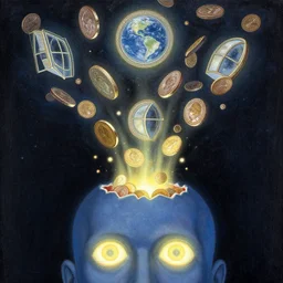 astral _ head at bottom of canvas _ spit _ open _ and spilling _ out _ coins _ out _ top of it _ each coin's side is a window to different universes by _ yvonne _ mcgillivray _ by _ mandy _ jurgens _ by _ michael _ god _ powerful _ eyesglow.