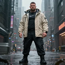 A broad shouldered, muscular man in a Acronym Riot Division Nike techwear outfit, wearing black Acronym P31-ds pants, beige-earth Parka jacket, trending on r/techwearclothing, high quality, digital art, dirty cyberpunk city, rain, greg rutkowski