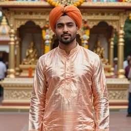 brahmin drake the rapper wearing a silk kurta, bundi, hindu kovil scene