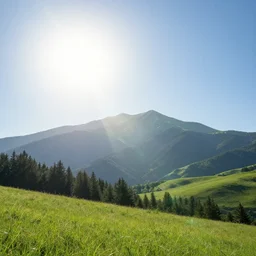 “ a mountain being lifted into the sky, sun rays beaming down, grass and trees”