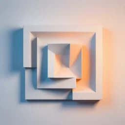 hyperrealistic rendering on very beautiful white wall with beautiful contrast of light and shadow, orange to blue gradient luminescence, professional foto, front elevation, escher style