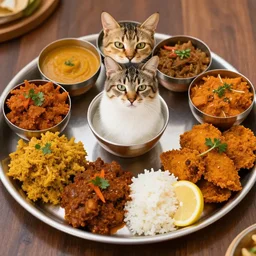 a platter of indian food with a cat in the middle