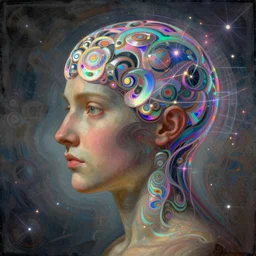 beautiful portrait of intelligence, spatial space deformation in latent space, hologram, math art, astral plane, by artgerm and dan mumford and gustave dore, artstation