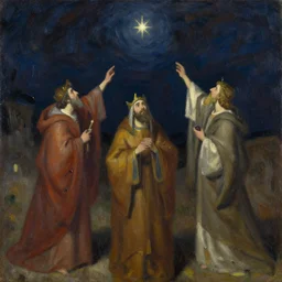 the three wise men spotting the star above betlehem, oil on canvas, wet technique, 4 k, night sky, visible brushstrokes, anders zorn, concept art