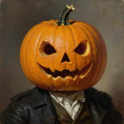 portrait of pumpkinhead, oil painting by joseph mallord william turner, 1 8 th century, art, oil on canvas, wet - on - wet technique, highly realistic, expressive emotions, intricate textures, illusionistic detail, 4 k