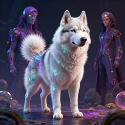 photorealistic white alaskan husky as a dmt entity in the style of alex grey and michael whelan. hyperdetailed photorealism, 1 0 8 megapixels, amazing depth, high resolution, 3 d shading, 3 d finalrender, 3 d cinematic lighting, glowing rich colors, psychedelic overtones, artstation concept art.