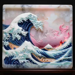 carved diorama of the great wave of kanagawa with pink lava and fire, carved out of transparent marble with celadon glaze