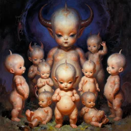 psychedelic demonic space babies, by shigenori soejima, by frank frazetta, digital painting masterpiece, filmic, cinematic, 4 k wallpaper, beautiful brush strokes, advanced lighting technology, symmetry!!!