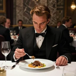 dune movie concept art aristocrat in elegant black suit eating dish with cooked sandworm on a plate, restaurant with marble interior, wine glass, soft lighting, dark color scheme, art by gary jamroz simon goinard henrik sahlstrom devon cady - lee, white tablecloth, volumetric lighting, photo realistic, highly detailed, octane render, commission art, 8 k resolution