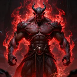 muscular buff demon god with red and black aura