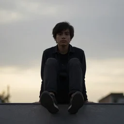 portrait photo of the person sitting on a ramp knees up, overcast sunset, Nikon D850, f/5.6, ISO 100