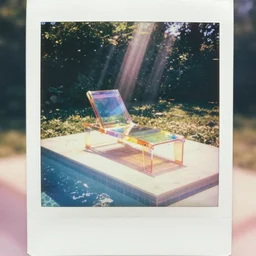 a pastel coloured polaroid photo of a sun lounger on a platform next to a pool, both made of transparent iridescent perspex stood centrally in a field, beams of light, nostalgic