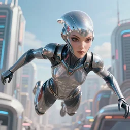 VFX movie closeup portrait of a futuristic inhuman alien hero woman in spandex armor in future city, landing pose neon lighting by Emmanuel Lubezki