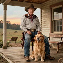 Indian cowboy on the country western porch with his golden retriever cinematography by Steven Spielberg