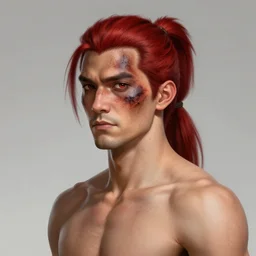 portrait, 30 years old man :: red hair ponytail :: burned face, rough, shirtless :: high detail, digital art, RPG, concept art, illustration