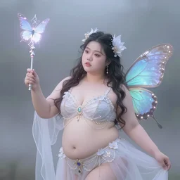 a very beautiful and cute human like queen of butterfly, foggy , hyperreal , surreal, chubby, magical power , magical stick,