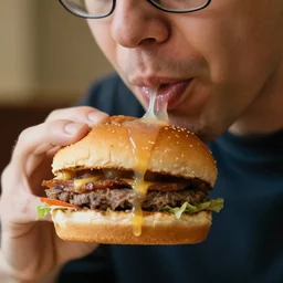 closeup of a man tasting a very strange old stinking hambuger driping a strange liquid