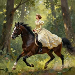 queen princess riding fast on horse, forest light, reg rutkowski,