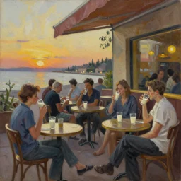 oil painting of a jazz cafe during sunset while people are sitting on the terrace drinking milk