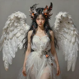 breathtaking detailed painting of full size mononoke princess, by ruan jia, gauze angel dress, detailed realistic facial features, amalgamation of embers and feathers, 8 k, concept art, matte, sharp focus, rembrandt style