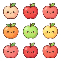a set of kawaii fruits icons, isolated on white background, stylized, cartoon, high quality, smooth graphics, fine edges,