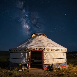 painting of Mongolian tent in a starry night in steppes,