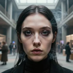 detailed face of a clothed woman with obsidian eyes in a architectonic courtyard with whisps of smoke at a science expo, atmospheric, ambient, pj crook, syd mead, livia prima, artgerm, greg rutkowski, nick alm, casey baugh