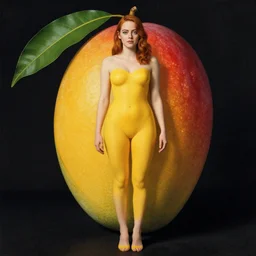 emma stone, with a mango fruit instead of her body, fused together, mango costume, full shot photo, photoshopped, ripe fruit, giuseppe arcimboldo