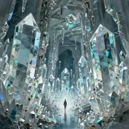 under ground crystal cave system, giant shards infinitely regressing, every surface a reflection of the whole, liquid silver, light blues and sea green, geometric shapes, large colums and clusters of crystal, a human exploring, epic landscape, highly detailed, high quality, 8 k, 4 k, octane render, digital painting, alena aenami, lilia alvarado, shinji aramaki, karol bak, alphonse mucha, tom bagshaw