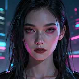 android, killer - girl, 1 / 8 katsuya terada, style of cyberpunk, night, city, high detail of the cinematic face