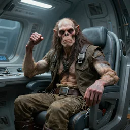 neanderthal in clothes inside a futuristic spaceship, caveman in pilot seat, epic pose, realistic photo, hyper detailed