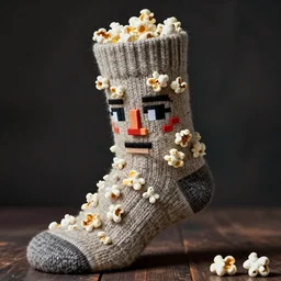portrait photo of a wool sock with face made from pixels and voxels and popcorn, Perfect face, extremely high details, realistic, by Giuseppe Arcimboldo, Edward Hopper, Rene Margitte