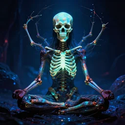 spiritual meditation into madness, psycho stupid fuck it insane, looks like death but cant seem to confirm, cinematic lighting, psychedelic photoluminescence, various refining methods, micro macro autofocus, ultra definition, award winning photo, to hell with you, glowing bones, devianart craze, a gammell - giger film