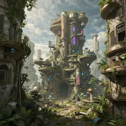 a beautiful detailed render of urbex deck building abandoned city architecture nature by albrecht durer, cgsociety postcyberpunk retro atlantis scumm bar neon signs biopunk, archdaily, wallpaper, highly detailed, trending on artstation.