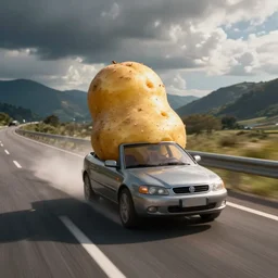 a potato being driven like a car on the highway at high speed