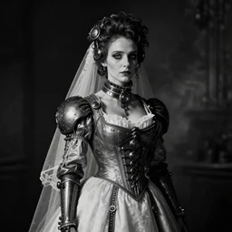 portrait of a steampunk bride of frankenstein, dark, cinematic, smokey lighting, dimly lit, highly detailed, black and white vintage photograph, character design