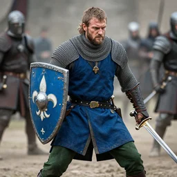 an olive skinned, fierce, medieval stout knight with a blue cloth tunic over chainmail. he has green pants with a black leather belt and a coin pouch. he is holding a blue kite shield with fleur - de - lis symbols in his left hand and holding a short sword in the other. he is engaged in an epic gladiator battle. game of thrones, realistic, photograph by fred r conrad / new york times