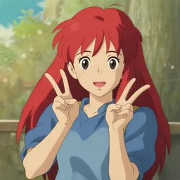 A red haired anime girl doing a peace sign with her hands, digital art, illustration by Hayao Miyazaki
