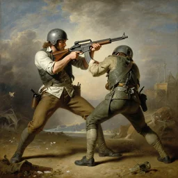 a painting of a character fighting in the gulf war by Bernardo Bellotto, high detail, hyperrealistic, concept art, artstation, 8k
