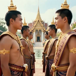 matte close - up portait of 1 0 0 tai smart armored warlords who assemble in the sunny day, face to face meeting, ethenic costume, traditonal decoration, digital art trending on artstation, elegant, loin cloth, highly detailed, 8 k, cinematic lighting, global illumination, elegant, ornate, super detail, background is sukhothai, watercolor, volumetric lighting,